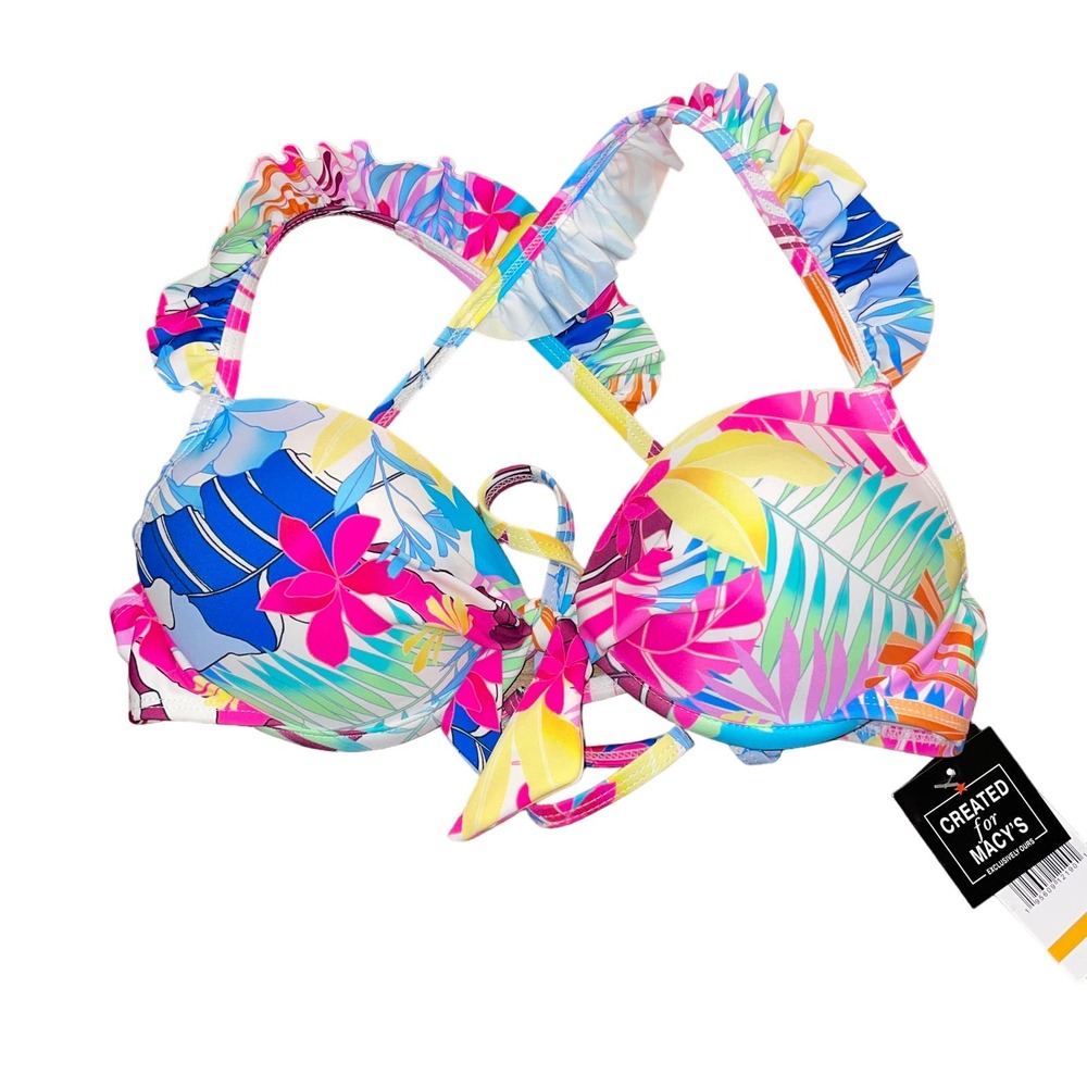 California Waves Juniors' Printed Ruffle-Trim Underwire Bikini Top